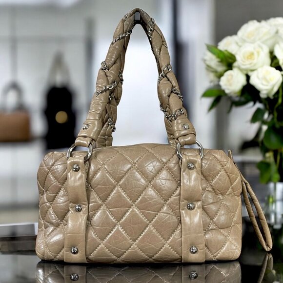 CHANEL Lady Braid Taupe Tan Chain Bowler Bag Quilted Distressed Leather CC Auth - Picture 1 of 16